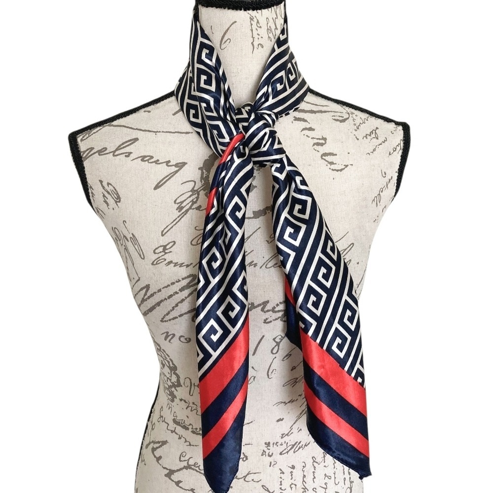 Navy Red Greek Key Oversized Satin Square Scarf Hair Neck Classic Preppy 💖
